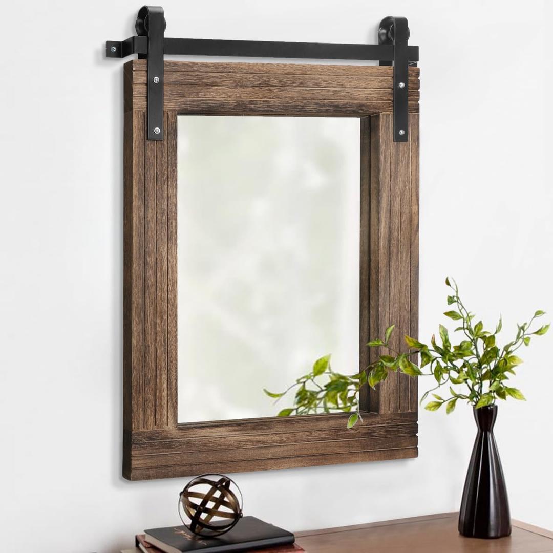 AAZZKANG Rustic Wood Mirror Rectangle Decorative Wall Mirror Large 26"x18" with Frame Bedroom Living Room Bathroom Hanging Mirror (Brown)