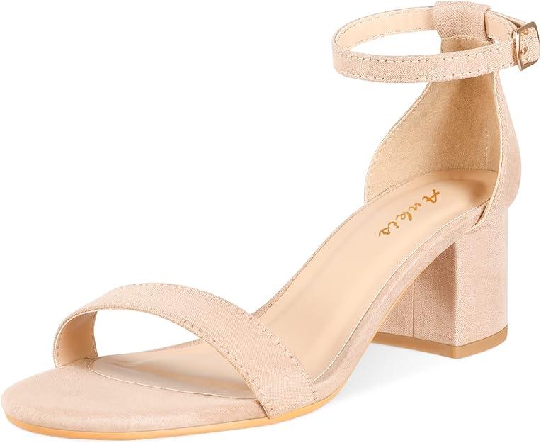 Ankis Nude Silver Black Heels Women's Open Toe Ankle Strap Block Chunky Low Heeled Sandal Comfortable Office Wedding Dress Pump Shoes Standard Size 2.25 Inches Heel Design, Nude Suede, 7.5