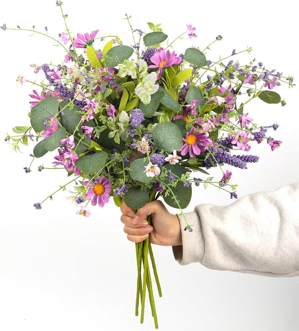 20" Artificial Flowers Bouquet for Vase Indoor, 6 stem Faux Silk Daisies Lavender Silver Dollar Eucalyptus Leaves Wildflower Floral Arrangement Home Decor for Living Room Dining Table Entryway (Purple)