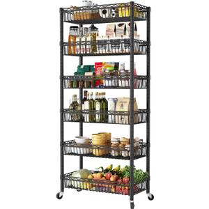 SINGAYE 6 Tier Basket Shelf Wire Shelving Unit Adjustable Storage Shelves Big Basket Rack for Garage Kitchen Office Pantry Corner 13.5" D x 30" W x 65" H Black