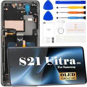 OLED for Samsung Galaxy S21 Ultra 5G Screen Replacement for Galaxy S21 Ultra 5G LCD Display for SM-G998U SM-G998b/DS Ddigitizer Touch Screen Repair Part + Tools(Black With Frame,With Fingerprint)