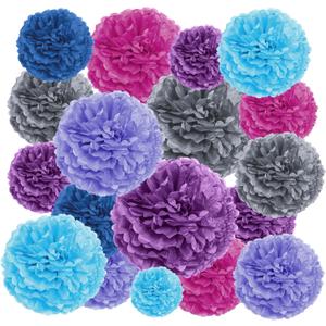 EpiqueOne 20-Piece Tissue Paper Pom Poms Party Decorations Kit - Blue, Teal, Purple, Lavender & Silver | Different Sizes - 6", 8", 10", 12" & 14" | Ideal for Birthdays, Bridal or Baby Showers & More