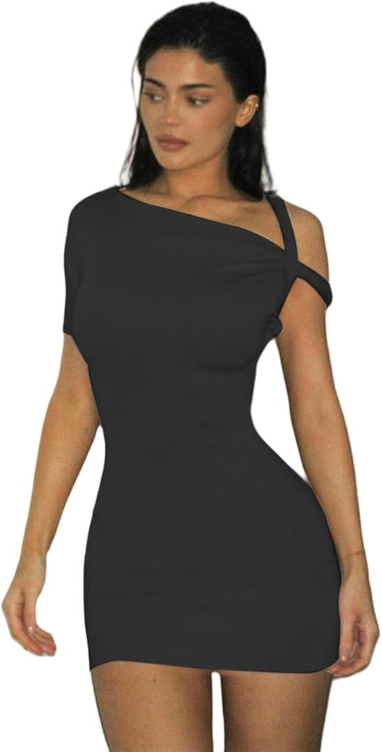 Suillty Women's Sexy Asymmetrical Twist One Shoulder Mini Dress Single Short Sleeve Knot Ruched Bodycon Y2K Party Dresses (Black) X-Small