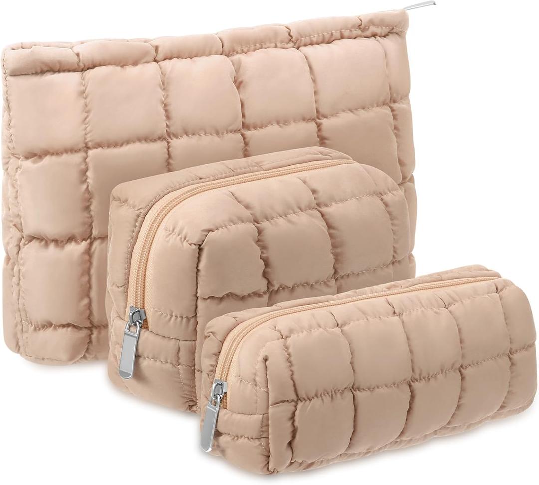3 Pcs Puffy Makeup Bag Quilted Cosmetic Pouch for Women Cute Checkered Travel Toiletry Bag Puffer Makeup Organizer Purse Pouch Preppy Pencil Case with Zipper (Khaki)