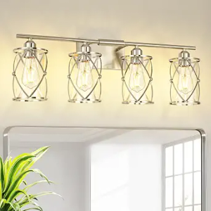 Osimir 4-Light Brushed Nickel Bathroom Light Fixtures, 29 Inch Modern Bathroom Vanity Lighting Fixtures Over Mirror with Clear Glass and Metal Cage Wall Sconce Lights for Bath, E26, CH9176BN-4W