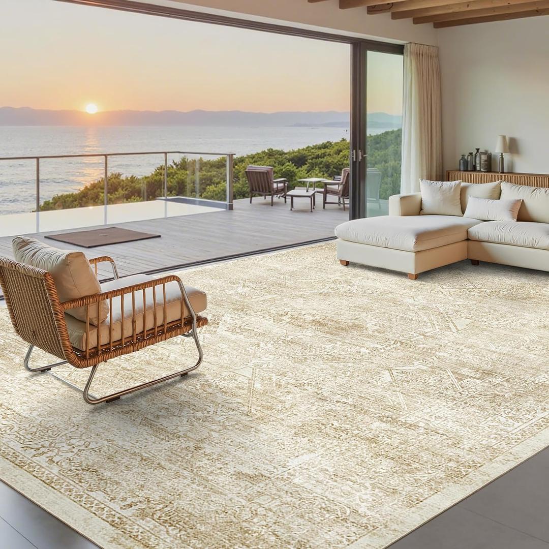 Soalmost Washable Area Rug 10x14, Large Soft Rugs for Living Room Vintage Beige Rug 10x14 Area Rugs for Bedroom Dining Room Floral Non-Slip Thin Rug