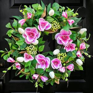 Spring Wreath for Front Door 24 Inch, Large Spring Summer Door Wreath with Artificial Peony Tulip Rose Flowers, Floral Wreath with DIY Wooden Welcome Sign for Outdoor Indoor Home Decor (Pink)