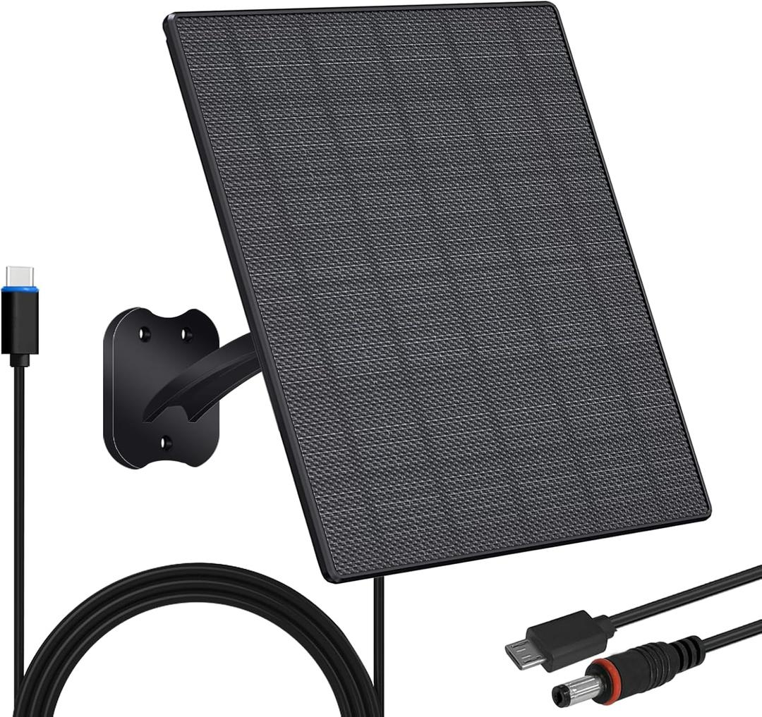 Zivif 10W Solar Panel for Security Cameras, 5V Solar Charger with USB-C/Micro USB/DC 5.5x2.1mm Ports, IP66 Waterproof, Adjustable Mount & 7.2FT Cable