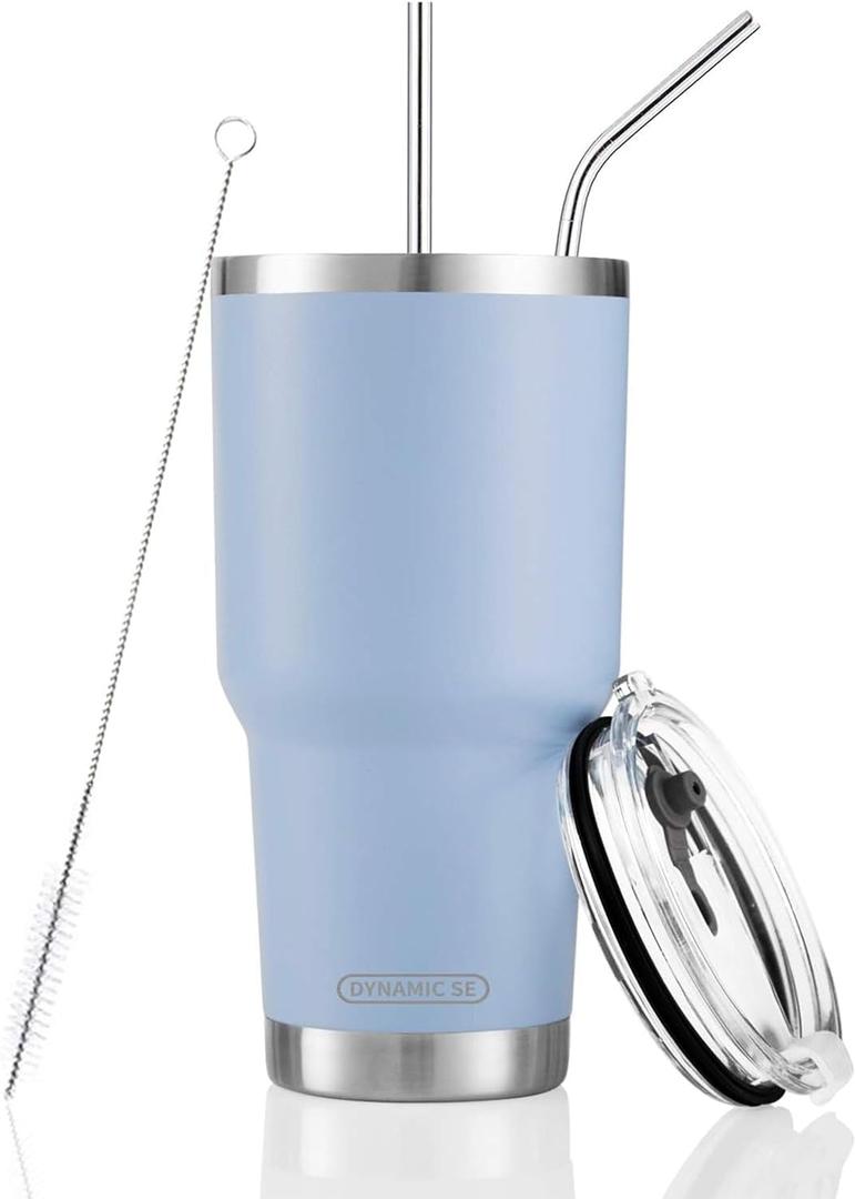 DS 30oz Blue Tumbler Stainless Steel Double Wall Vacuum Insulated Mug with Straw and Lid, Cleaning Brush for Cold and Hot Beverages