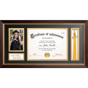 Yaetm 11x22 Diploma Frame with Tassel Holder for 8.5x11 Certificate Document & 4x6 Photo with High Definition Glass, Black Mat Over Gold Acid-free Mat, Mahogany Graduation Frame 2026