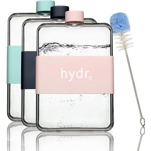 hydr | 15oz Flat Water Bottle For Purse & Flexible Cleaning Brush | BPA Free Square Water Bottle | Leak/Drop Proof Slim Water Bottles For Travel, small water bottle (Dusty Pink)