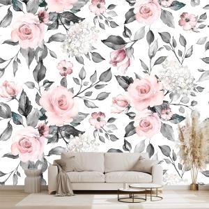 Grey Leaf Pink Flowers Mural Bedroom Floral Wallpaper Room Decor Living Room tv Background Large wall Mural - 91"x65" (Not Peel and Stick)