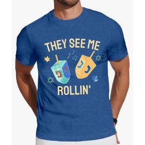 Hanukkah Shirt for Men They See Me Rollin Dreidel T-Shirt Jewish Chanukah Tee Tops, M