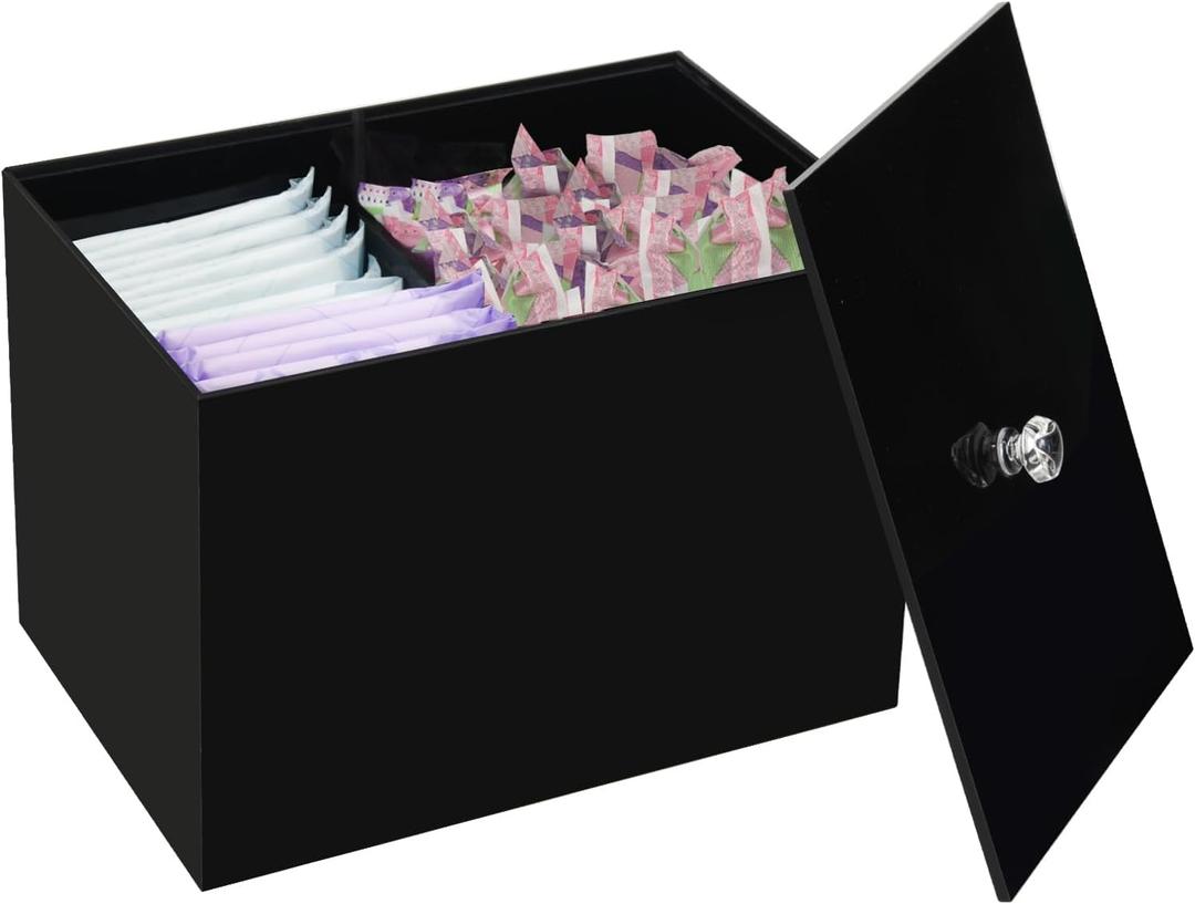 Tampon Holder for Bathroom, Shark Week Tampon Storage, Acrylic bathroom organizer with Lid, Feminine Pads Organizer Box with Removable Divider, Black