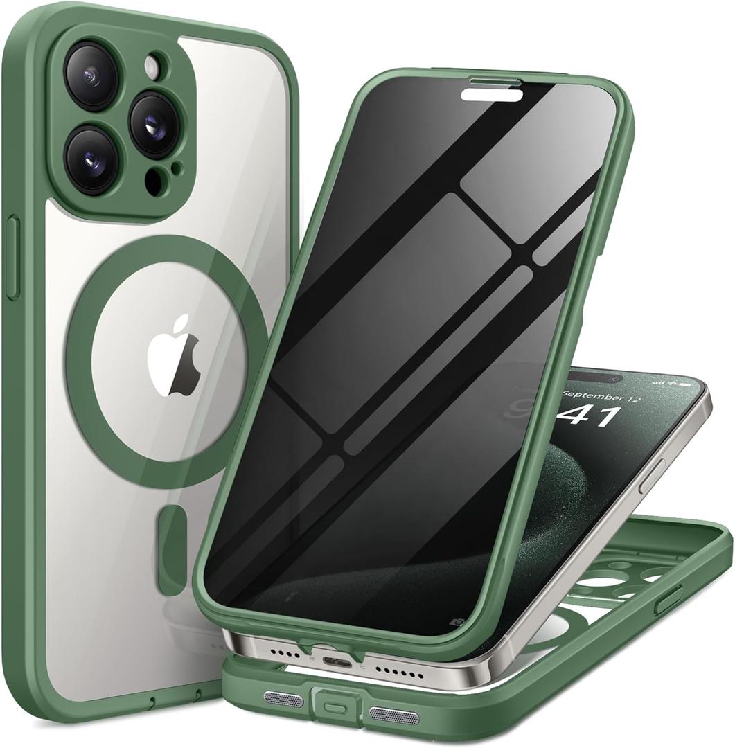 Hard Phone Case for iPhone 15 Pro Max, Pine Green | Magnetic, Compatible with MagSafe, Built-in Privacy Screen Protector, Camera Protection, Anti Spy, Full Body, Dustproof, Shockproof, 6.7"