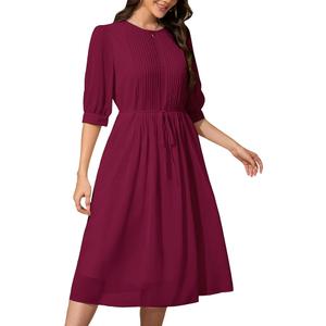 Wldrsd Solid Color Relaxed Dresses 2025 Women's Casual 3/4 Sleeve Crew Neck Flowy Swing A Line Dresses with Pockets (Red, Large)