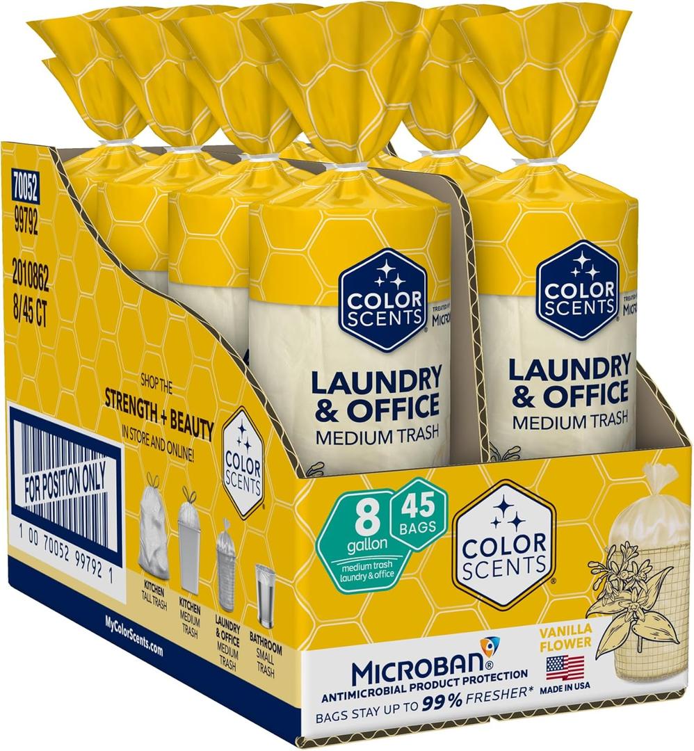 Color Scents Medium Trash Bags - 8 Gallon, 360 Total Bags (8 Packs of 45 Count), Twist Tie - Cream bag in Vanilla Flower Scent with Microban
