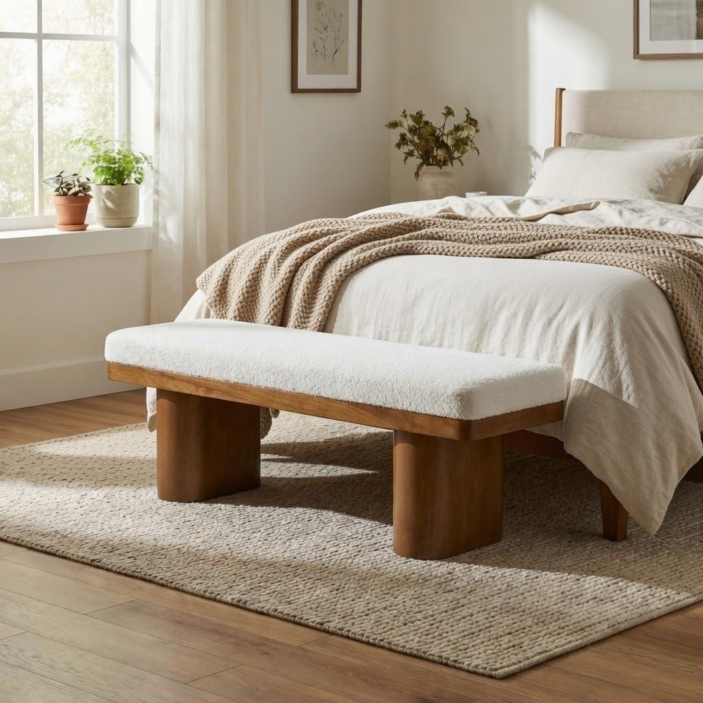 Christopher Knight Home 55" Chenille Upholstered Bench with Solid Rubber Wood Legs, Modern Farmhouse Bedroom Bench, Padded Entryway Bench Seat, Dining Bench for Living Room End of Bed, Beige