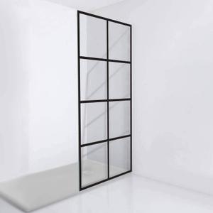 Fab Glass and Mirror Grid Pattern Fixed Tempered Glass Shower Wall Panel with Protection Coating, 3/8" Clear Shower Screen 24" X 76" Matte Black