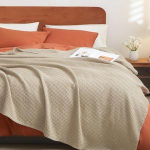 PHF Pre-Washed Cotton Waffle Weave Blanket King Size for Bed,Snag Proof Throw for Couch Spring Summer Lightweight Breathable,Oeko-TEX Certified,Machine Washable, Home Decor Gift-Khaki/Simply Taupe
