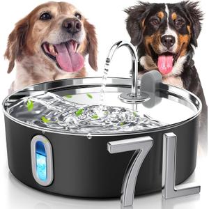 Dog Water Fountain for Large Dogs 7L/236oz Stainless Steel Dog Water Bowl Dispenser Automatic Pet Water Fountain, Multi-Filtration Pet Fountain with Ultra-Quiet Pump (Black)
