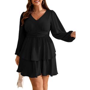 RWJ Plus Size Dresses for Curvy Women V Neck Long Sleeve Elastic Waist Fall Wedding Guest Layer Casual Mini Dress (Black, L)