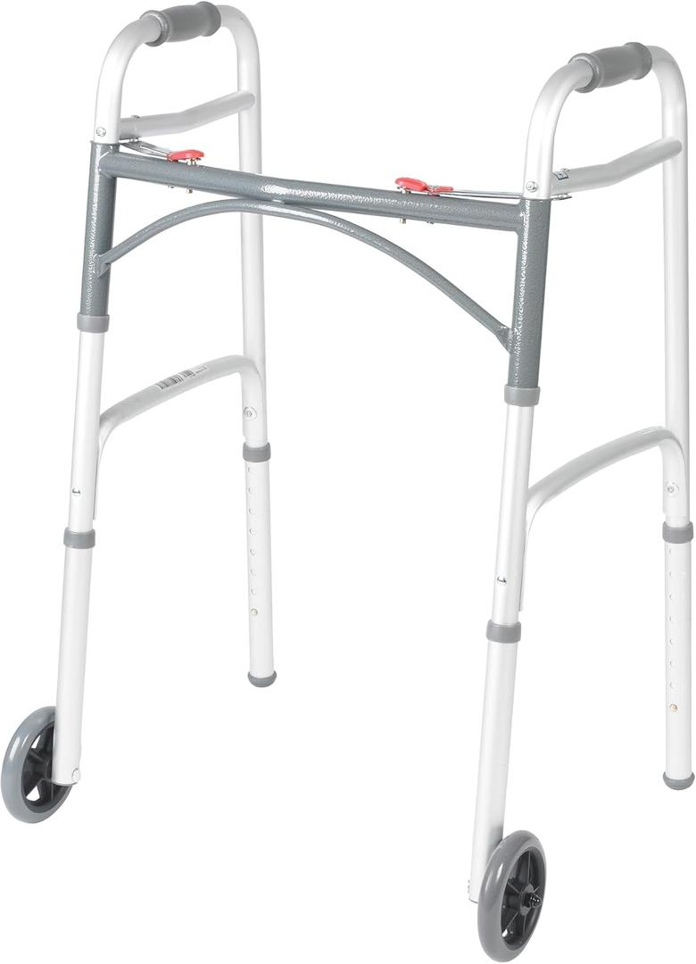 Drive Medical Two-Button Folding Walker w/ Wheels - Lightweight Rolling Mobility Support - Adjustable Height - Dual Push-Button Operation - 5 Inch Front Wheels - Durable Aluminum - Silver