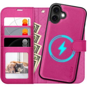 OCASE for iPhone 17 Detachable Wallet Case with Card Holder, 2 in 1 PU Leather Flip Folio with RFID Blocking Stand Wrist Strap Shockproof Phone Cover 6.3 Inch 2025, Rose