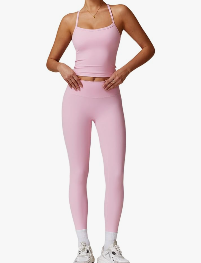 Womens Workout Sets Two Piece Cross Back Tank Top Matching High Waist Leggings Sets Gym Outfits Work Out Clothes S