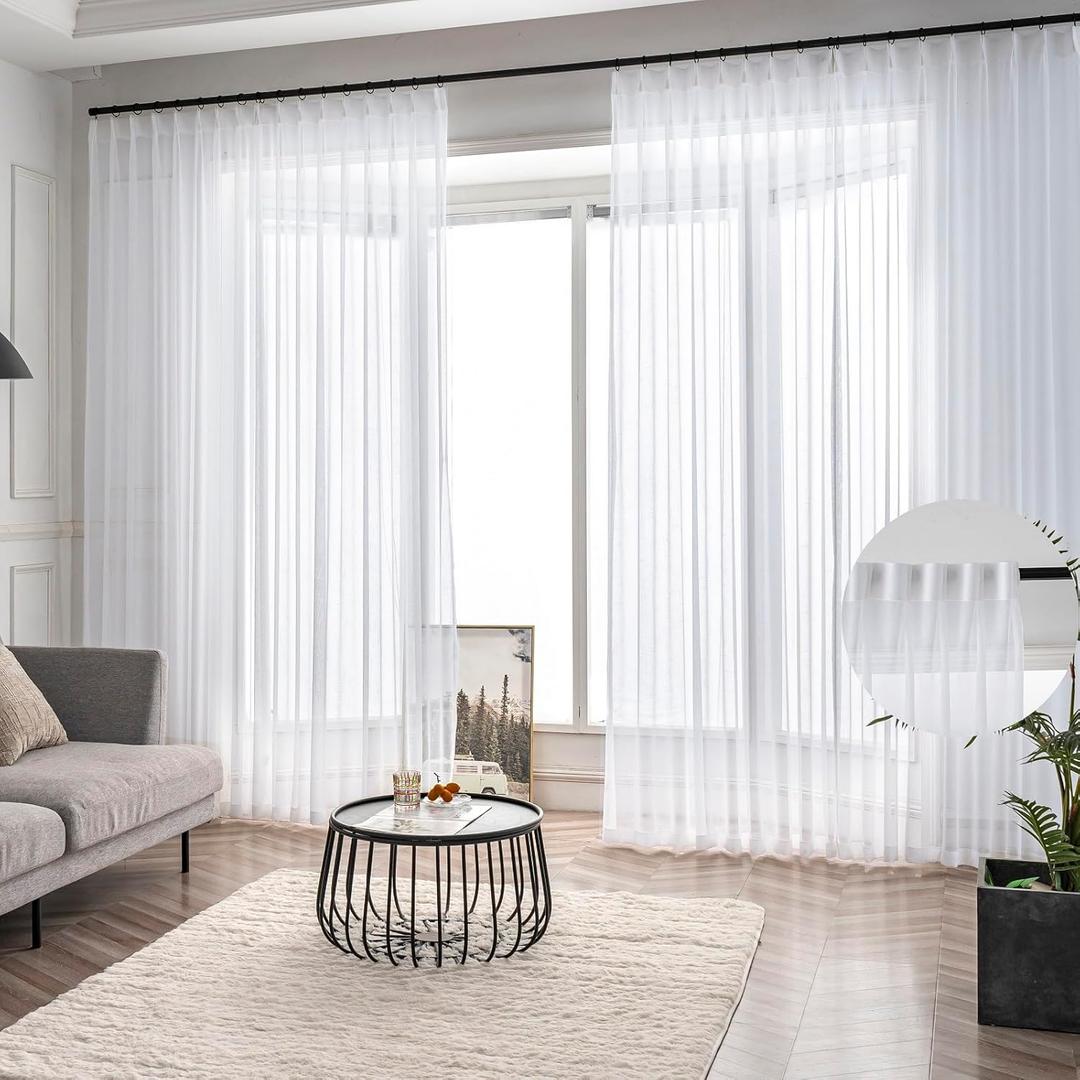 White Sheer Curtains 102 Inch Long 2 Panels Custom, Thin Textured Linen Look Window Sheers, Pinch Pleated Drapes for Living Room, Sliding Glass Door Curtain with Rings & Hooks & Back Tab (Pre-pleated & Loops | Bright White)