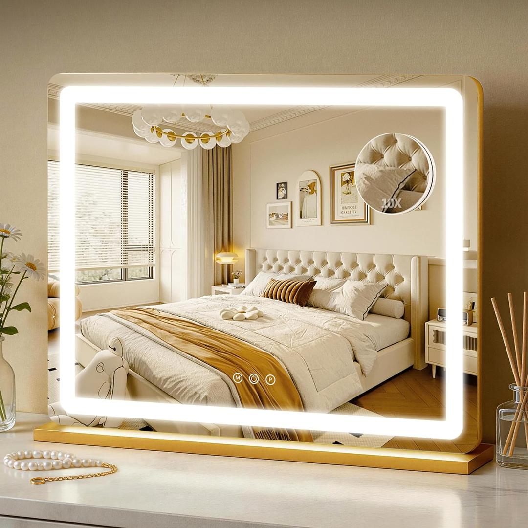 ROLOVE 23"x18" Gold Vanity Mirror with Lights, Large Lighted Makeup Mirror with 10X Magnifier, 3 Color Lighting & Stepless Dimming, Wall Mounted or Tabletop Desk Mirror for Bedroom