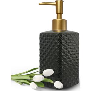 Gold Soap Dispenser for Bathroom,Black Square Lotion Dispenser, Refillable Countertop Ceramic Hand Soap Dispenser,Dish Soap Dispenser for Kitchen 350ml(Black Square Bottle)