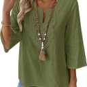 LOMON Womens 3/4 Sleeve Tops Cotton Linen Shirts V Neck Lace Casual Loose Fit Blouses Boho Fashion (Army Green 02) 3XL