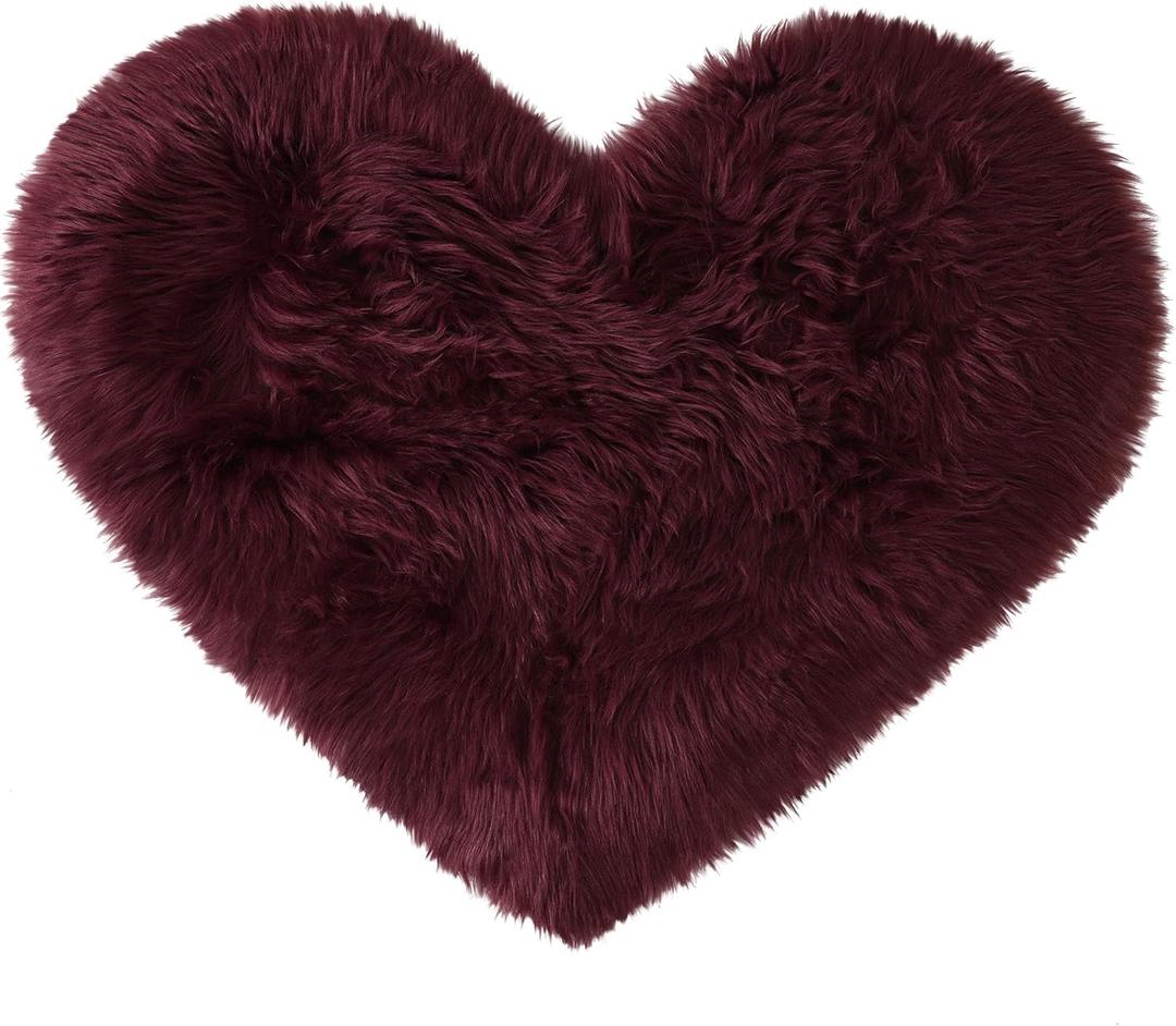 uxcell Heart Shaped Rugs for Bedroom,Small Aesthetic Carpet Girls,Cute Shaggy Floor Mirror Mat,Pastel Furry Throw Rug 2.3ftx3ft, Burgundy
