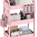 ALVOROG 3 Tier Rolling Cart with DIY Pegboards Metal Utility Cart with Wheels Handles Baskets Hooks, Craft Cart for Office Kitchen Bathroom(Cherry Blossom Pink)