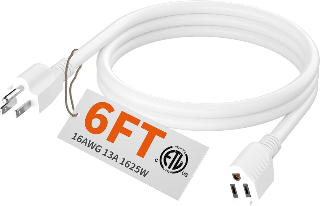 HUANCHAIN 6 FT 16 Gauge White Indoor Outdoor Extension Cord Waterproof, Flexible Cold Weather 3 Prong Electric Cord Outside, 13A 1625W 125V 16AWG SJTW, ETL Listed