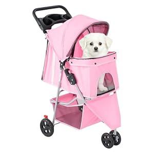DUMOS 3 Wheels Pet Stroller for Small Dogs and Cats – Foldable Dog Stroller with Mesh Windows, Storage Basket & Cup Holder, Lightweight & Durable Pet Carrier for Travel, Outdoor Use – Pink