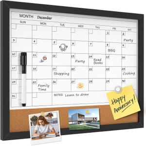 MaxGear Dry Erase Board Calendar Whiteboard for Wall, 17 x 13 White Board with Cork Board, Monthly Bulletin Board Calendar with Wood Frame, Whiteboard & Corkboard Combo for Office, School, Home