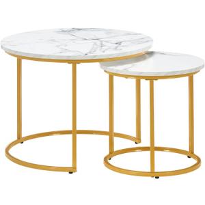 Round Nesting Coffee Table Set of 2, Modern Marble Pattern Wooden Nesting Tables, Stacking Minimalist End Table for Living Room Bedroom Small Space, White & Gold