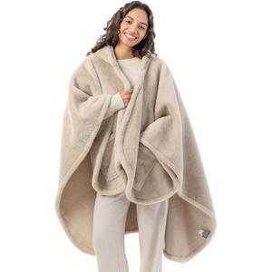 Berkshire Faux Fur Wearable Blanket, Cozy Reversible Loftmink Fleece Shawl with Hood & Side Pockets, One Size (58 in x 64 in)