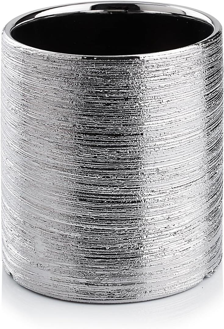 WGVI Silver Etched Ceramic Cylinder Vase Width 3.75" Height 4", Flower Arrangements, Candle Holder, Terrarium Planter Pot, Storage Container Organizer, Pen Brush Holder, Scratched Texture, 1 Piece