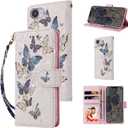 UEEBAI Wallet Case for iPhone 14 6.1 inch, PU Leather Phone Case Kickstand RFID Blocking Flip Case Card Slots Wrist Strap Relief Engraved Pattern Magnetic Closure Flower Folio Case, Blue Butterfly