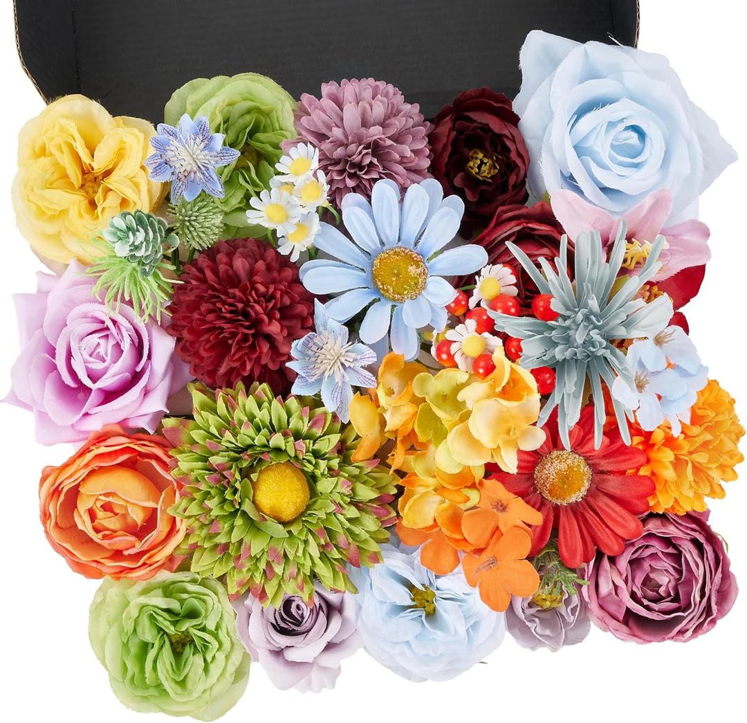 Artificial Flowers Combo Box, 38PCS Fake Flowers, Silk Flower Mix with Wire Stem, DIY Wedding Bridal Bouquet Shower Party Home Dcor (Multi Color)