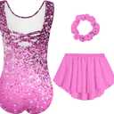 Idgreatim Girls Gymnastic Leotard Ballet Dance Dress Outfit with Removable Skirt Hair Scrunchie Combo 4-11 Years (7-8 Years, Diamond Pink)