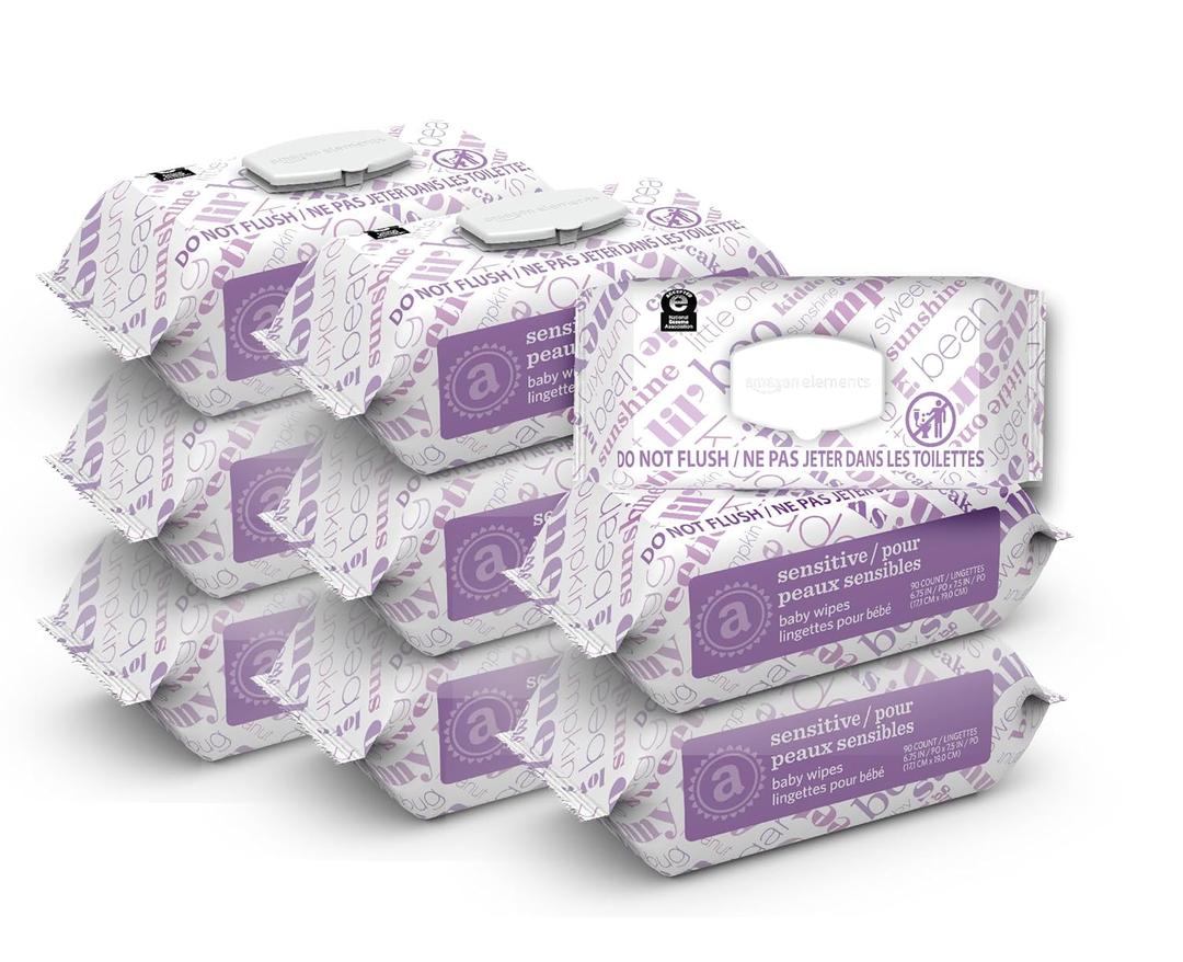 6 x Amazon Elements Baby Wipes, Sensitive, Unscented, Cleans Gently, 810 Count, Flip-Top Packs, Pack of 9