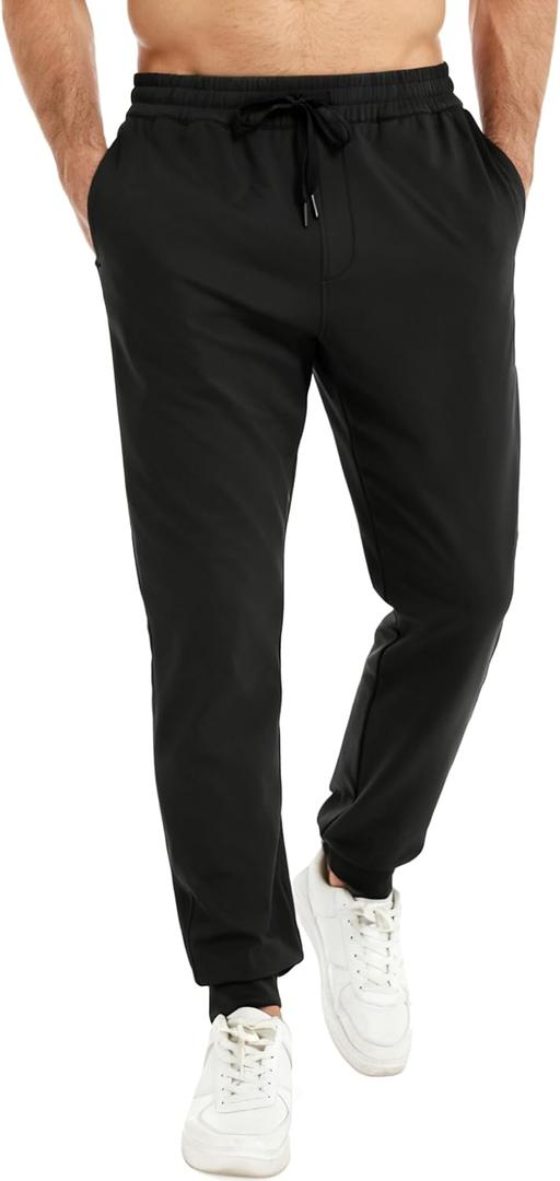 Men's Fleece Lined Joggers Stretch Thermal Athletic Sweatpants Tapered Fit with Zipper Pocket for Running Gym (Black, L)