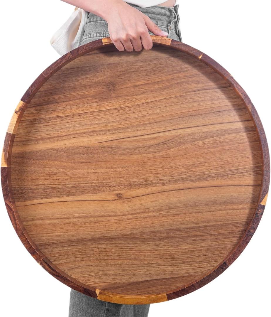Oversized Round Ottoman Tray,22INCH,Great Round Trays Over Coffee Table Topper,Extra Large Circle Decorative Tray for Living Room,Big Wooden Tray with Handles for Displaying Serving Organizing(Acacia)