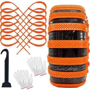 12 Pcs Heavy Duty Anti Skid Snow Tire Chains, Nylon Winter Snow Tracks with 2 Gloves and 1 Hook, Universal Emergency Car Tire Grip Straps Reusable Non Slip Zip Tie Tires Chain for Cars Truck