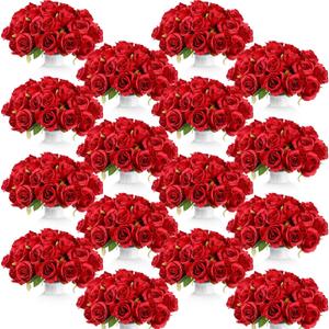 Jexine 240 Pcs Artificial Rose Flowers Bouquet Silk Realistic Flowers Bulk Centerpieces DIY Bride Fake Rose for Home Bridal Wedding Party Decorations(Red)