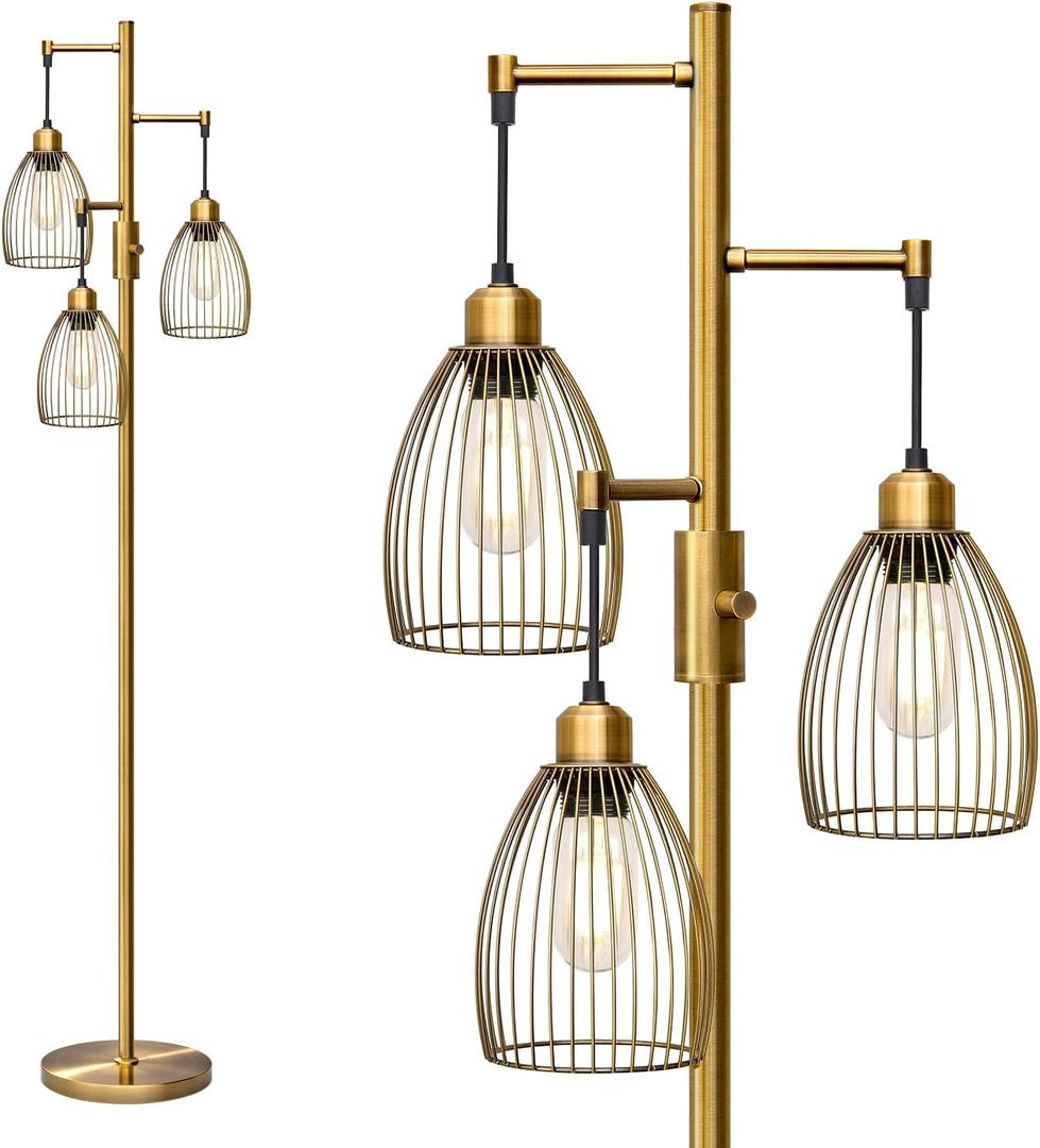 Dimmable Floor Lamp, Industrial Floor Lamps for Living Room, Antique Brass Tree Lamp Standing Lamp Tall Lamps with 3 Elegant Teardrop Cage Head & 800 Lumens LED Bulbs for Living Room Bedroom Office